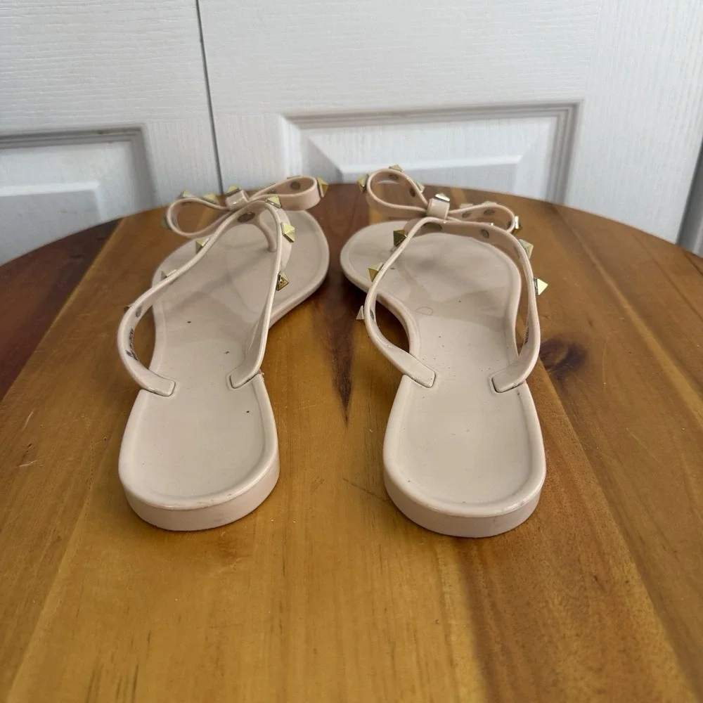 Pink Gold Studded Bow Flip Flops Women's Size 8 Beach Cruise Boho Grunge Preppy‎